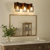 Farmhouse Bathroom Light Fixtures, Wood Bathroom Lighting Fixtures Over Mirror, 3-Light Vanity Light Fixture with Cage Metal Shade, Black Rustic Vanity Light for Bathroom, Hallway RVONOW