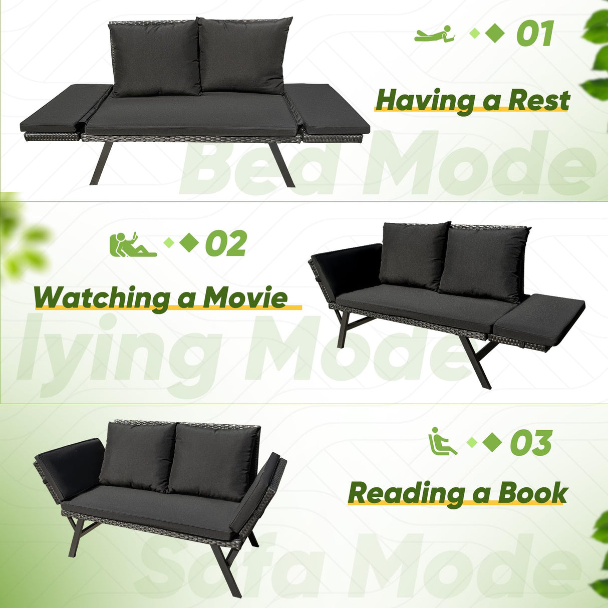 Greesum Outdoor Sofa, Woven Rattan Patio Furniture, Convertible Daybed or Double Chair with Adjustable Armrests, Cushions and Pillows for Yard, Porch, Pool, Black Lounger & Black Pillowcase Greesum