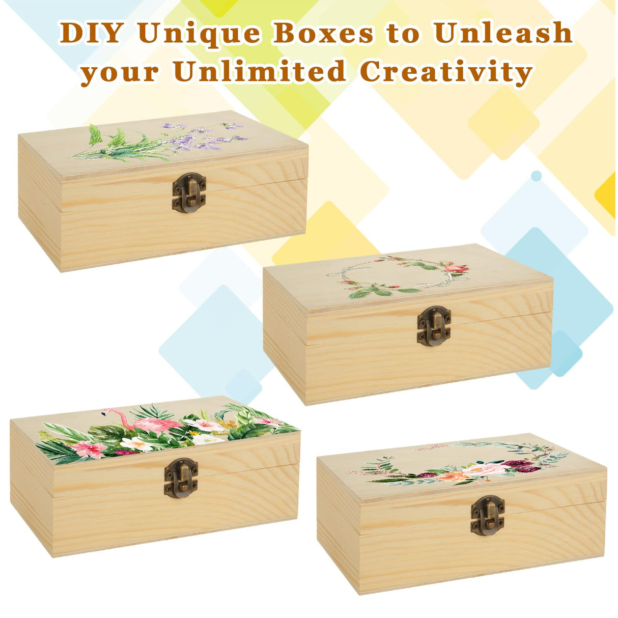 MUXHEL 12 Pcs Unfinished Wooden Boxes - 6" 4" 2" Wood Craft Boxes with Hinged Lid, Bulk Rectangle Wooden Storage Boxes for DIY, Painting, Storage (with 10 Brushes) MUXHEL