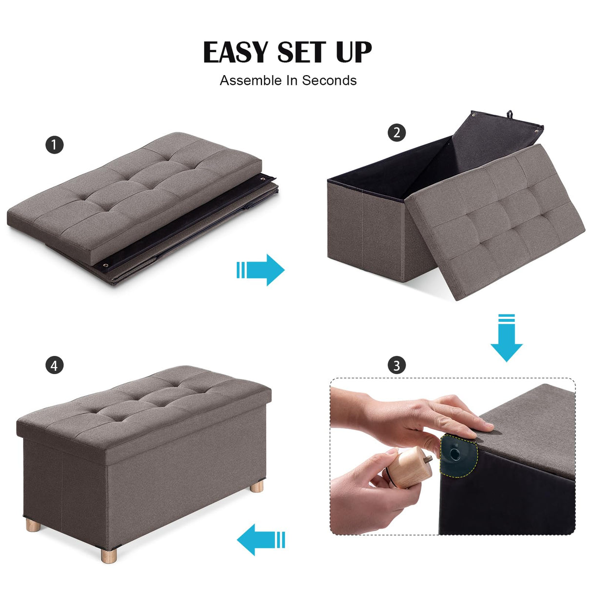 BRIAN & DANY 30” Folding Storage Ottoman Bench with Wooden Feet and Lid, Linen Fabric Bench with Resilient Sponge Padded for Bedroom, Living Room & Entryway, Foot Rest, Brown BRIAN & DANY