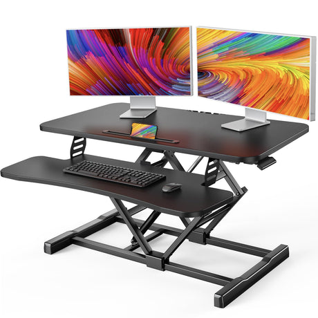 HUANUO Standing Desk Converter, 32” Sit to Stand Desk with Keyboard Tray, Height Adjustable Stand Up Desk Riser for Home Office, Dual Monitor and Laptop Workstation, Black HUANUO