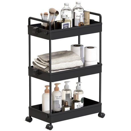 SOLEJAZZ Rolling Storage Cart, 3 Tier Utility Cart Mobile Slide Out Organizer, Bathroom Standing Rack Shelving Unit Organizer for Kitchen, Bathroom, Laundry Room, Black SOLEJAZZ