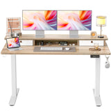 TIQLAB 55 * 24 Inch Standing Desk with Two Drawers, Stand Up Standing Desk Adjustable Height, Electric Sit Stand Desk with Storage Shelf and Splice Board, Maple TIQLAB