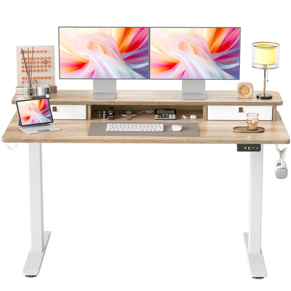 TIQLAB 55 * 24 Inch Standing Desk with Two Drawers, Stand Up Standing Desk Adjustable Height, Electric Sit Stand Desk with Storage Shelf and Splice Board, Maple