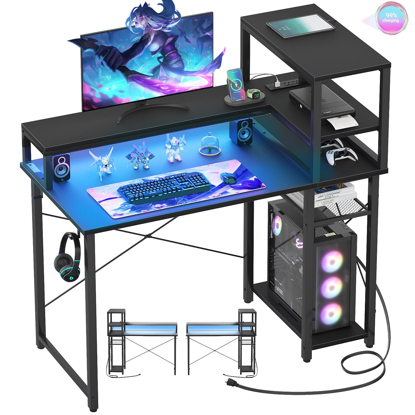 Cyclysio Gaming Desk 39", Computer Desk with Reversible Storage Shelves, Home Office Desk with Power Outlets & RGB Led Lights, Small Desk for Gaming, Studying, Working Black - WoodArtSupply