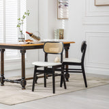 ROCITY Rattan Dining Chairs Set of 2 Black Wooden Dining Room Chairs White Faux Leather Kitchen Chairs with Back Farmhouse Side Chairs ROCITY