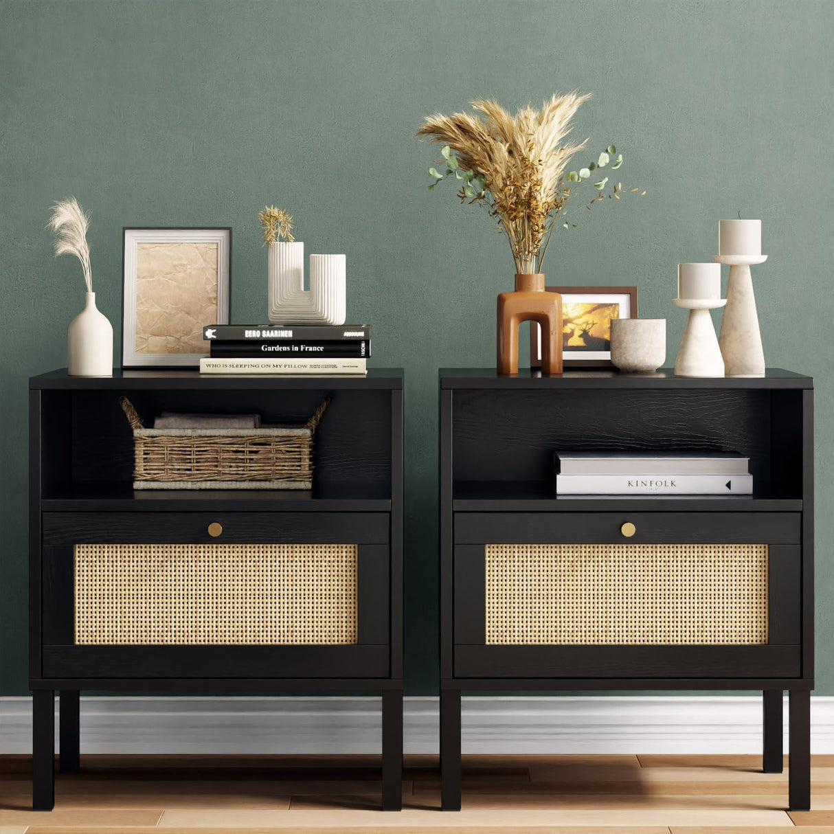 Rattan Night Stand Set 2, Boho Bedside Table Black Nightstand with Rattan Door, Storage Cabinet, Open Storage Space & Sturdy Metal Legs, Accent Bed Side Table, Wood End Tables Bedroom Angel Sar