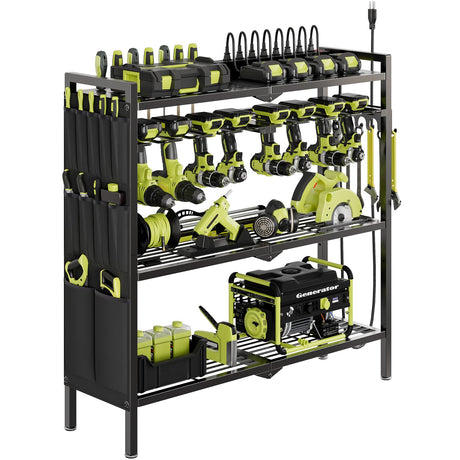 NattyDot Large Power Tool Organizer Cart with Charging Station 8 Drill Holder Garage Storage Standing Heavy Duty and Stability Storage Rack Utility Tool Shelf (Black) NattyDot