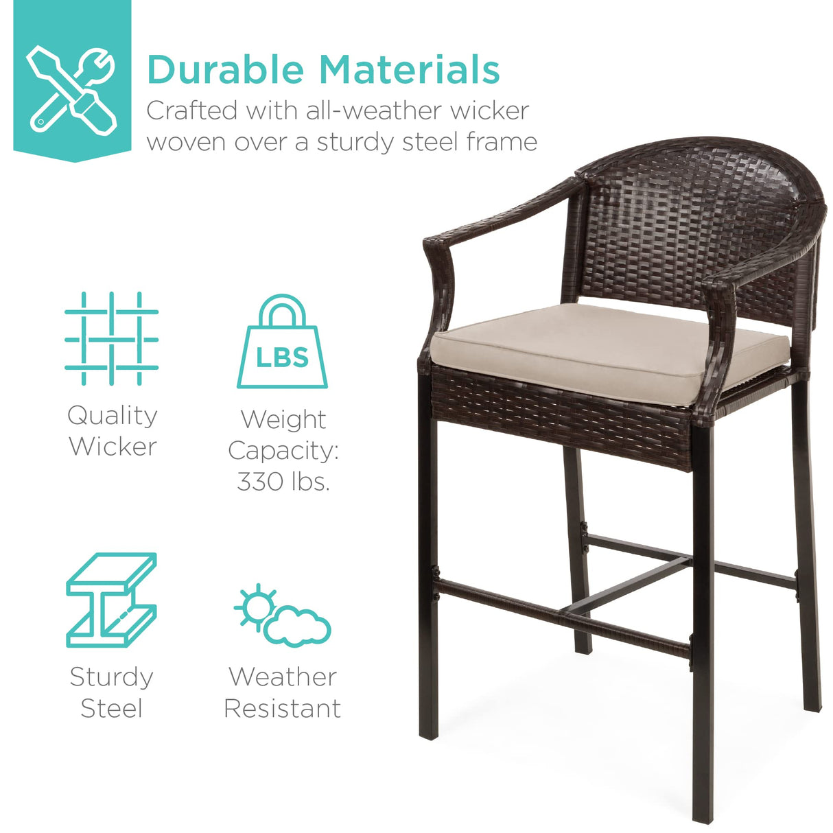 Best Choice Products 3-Piece Patio Bar Table Set, Outdoor Wicker Bar Height Bistro Furniture for Backyard, Poolside, Balcony w/Barstools, Cushions, Steel Frame – Brown/Beige Best Choice Products
