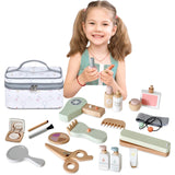 Smartwo Wooden Makeup Toy Set for Toddler Pretend Play 22 PCS Wood Beauty Salon Toys Cute Wooden Makeup Kit with Realistic Accessories Gift for Girls 3 4 5 6 Smartwo