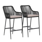 JOIVI Wicker Bar Stools Set of 2, Patio Outdoor Rattan Rope Bar Height Chairs with Cushions, Armrest and Footrest for Indoor, Garden, Poolside, Lawn, Backyard, Black JOIVI