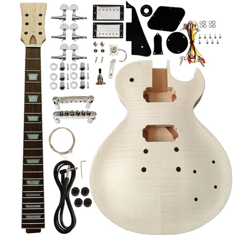 sdwutong DIY Unfinished 6 String Electric Guitar Kit Lp Style with Flamed maple Veneer Mahogany Body Mahogany Neck Composite Ebony Fretboard with All Accessories sdwu&tong