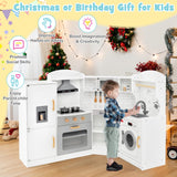 HONEY JOY Corner Kids Kitchen Playset, Ultimate Wooden Play Kitchen for Toddlers, Washing Machine, Ice Maker, Sink, Microwave, Little Chef Pretend Play Toy Kitchen Set, Gift for Boys Girls, White HONEY JOY