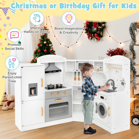 HONEY JOY Corner Kids Kitchen Playset, Ultimate Wooden Play Kitchen for Toddlers, Washing Machine, Ice Maker, Sink, Microwave, Little Chef Pretend Play Toy Kitchen Set, Gift for Boys Girls, White HONEY JOY