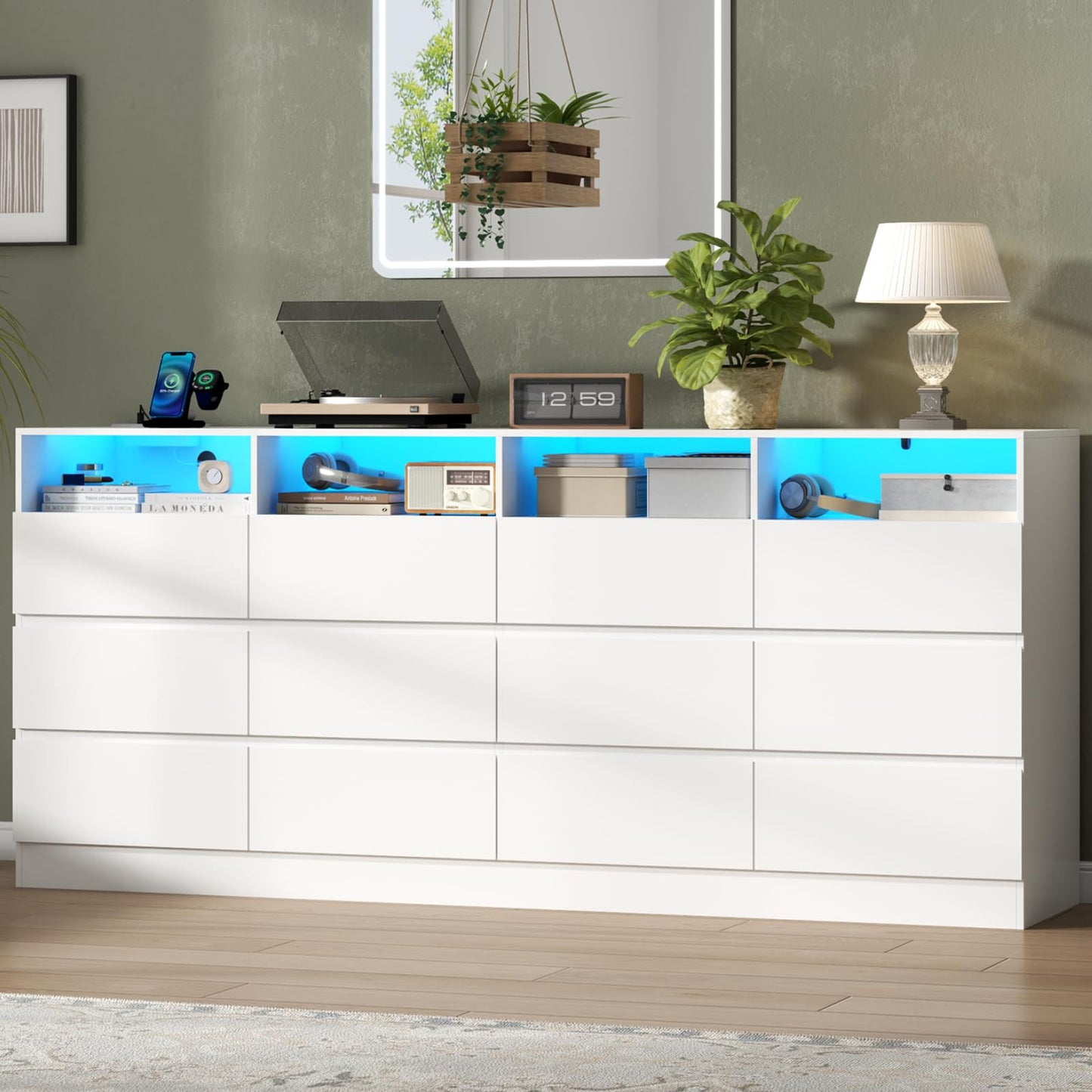 Loomie 12 Drawer White Dresser with Charging Station & Led Lights for Bedroom, Long 63" Quadruple Wide Dresser TV Stand for TVs up to 75", Large Dressers Organizer with 4 Open Cubbies for Living Room