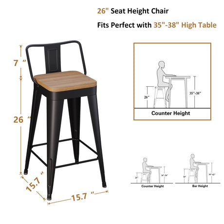 WENTMENT Metal Bar Stools Set of 4 Counter Height Bar Stools Barstools with Removable Back 26" Kitchen Bar Stools with Wooden Seat, Black WENTMENT