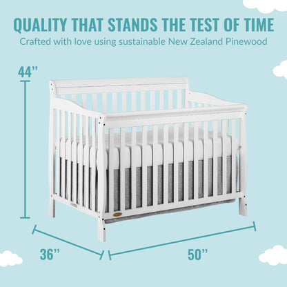 Dream On Me Ashton 4-In-1 Convertible Crib In White, Greenguard Gold, JPMA Certified, Non-Toxic Finishes, Features 4 Mattress Height Settings, Made Of Solid Pinewood