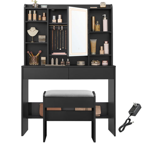 VASAGLE Vanity Desk with Mirror and Lights, Makeup Vanity with Upholstered Vanity Stool, Dimmable LED Lights, Adjustable Shelves, 7 Compartments, 2 Drawers, for Bedroom, Ink Black URDT131B01 VASAGLE
