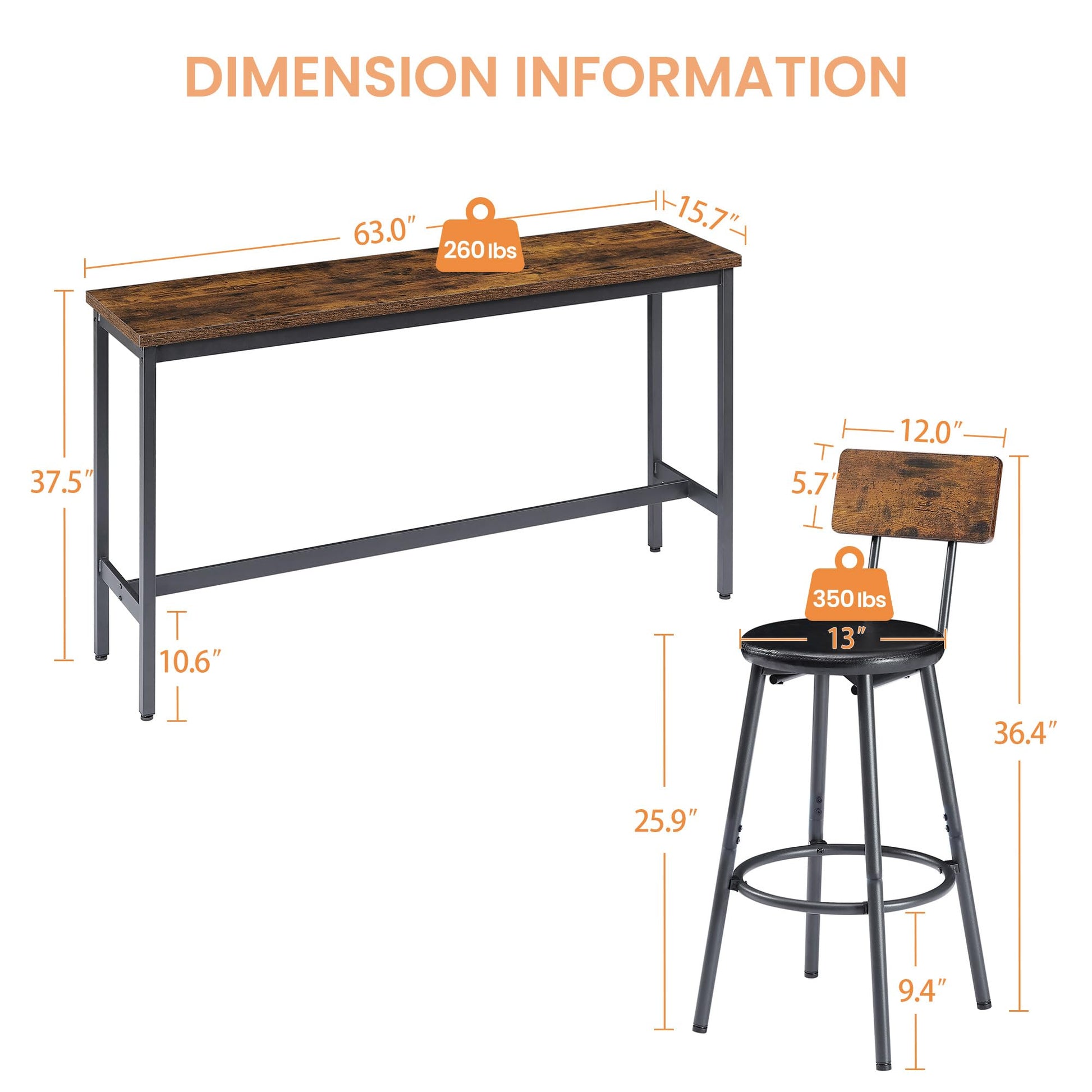 ROCKINGRUN Rustic Brown Bar Table and Stools Set for 3 - 63" Counter Height Dining Furniture - WoodArtSupply