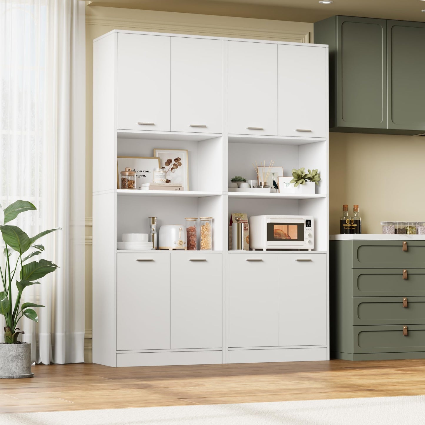 FOTOSOK Kitchen Pantry Cabinet, 71" Tall Cupboard Pantry Cabinet with Doors and Adjustable Shelves, Freestanding Utility Storage Cabinet with Open Countertop, Pantry Cabinets for Kitchen, Din - WoodArtSupply