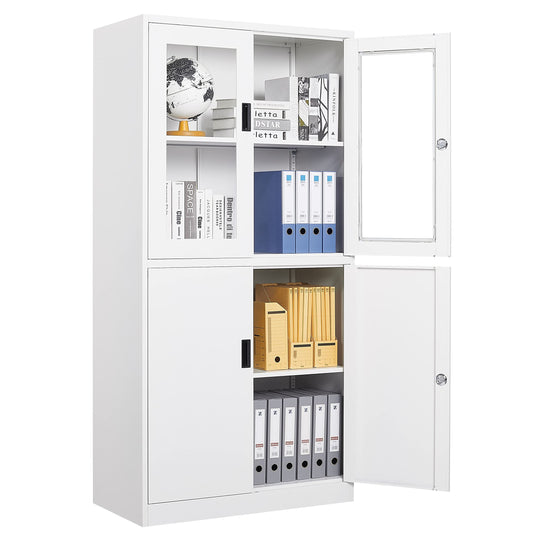 MIIIKO Metal Storage Cabinet with Glass Doors, 2 Tier White Steel Cabinet with Adjustable Shelves and Locking Doors, for Home Office, School and Hospital - WoodArtSupply