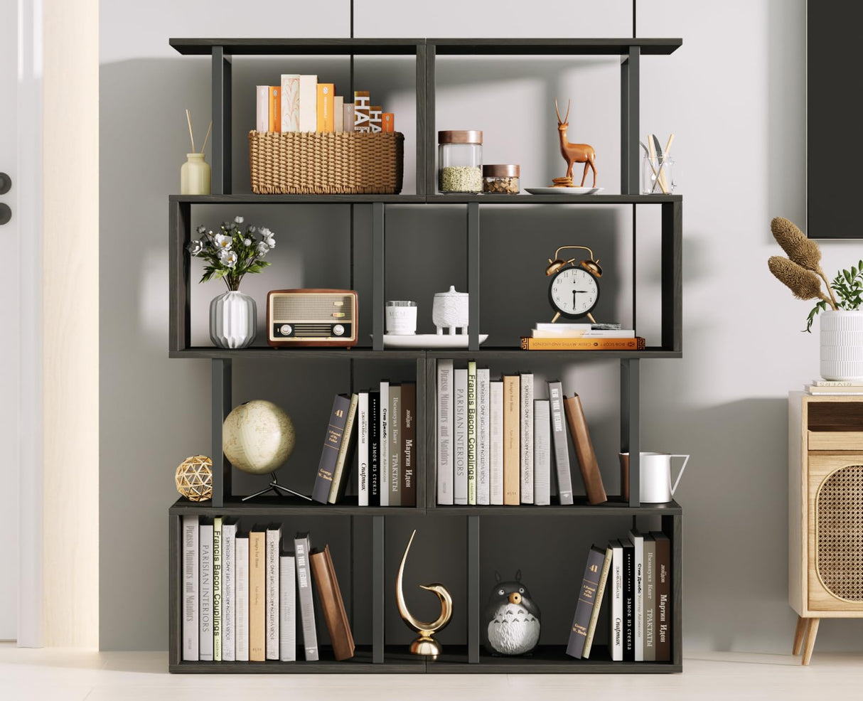 Furologee Geometric Bookshelf 5 Tier Bookcase, Industrial S-Shaped Display Storage Shelf for Small Space, Tall Metal Wood Decorative Standing Shelves for Bedroom, Living Room, Office, Black Oak Furologee