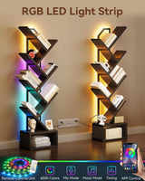 Casaottima Black Tree Bookshelf with LED Light Strip — 6-Tier Small Floor Standing Bookcase, Narrow Steel & Wood Book Organizer Shelf with Cabinet, Home Decor for Living Room/Bedroom/Home Office Casaottima