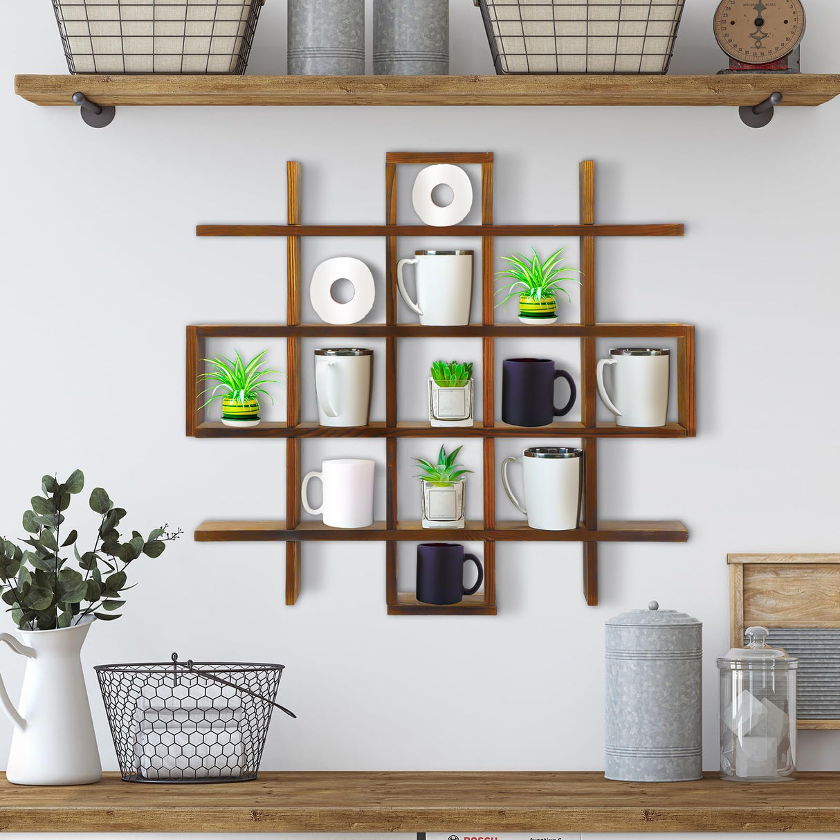 Suzile Rustic Brown Oversize Coffee Mug Display Rack Wooden Display Shelves Rustic Wooden Floating Curio Shelf Travel Mug Shelf Wall Mounted Coffee Suzile