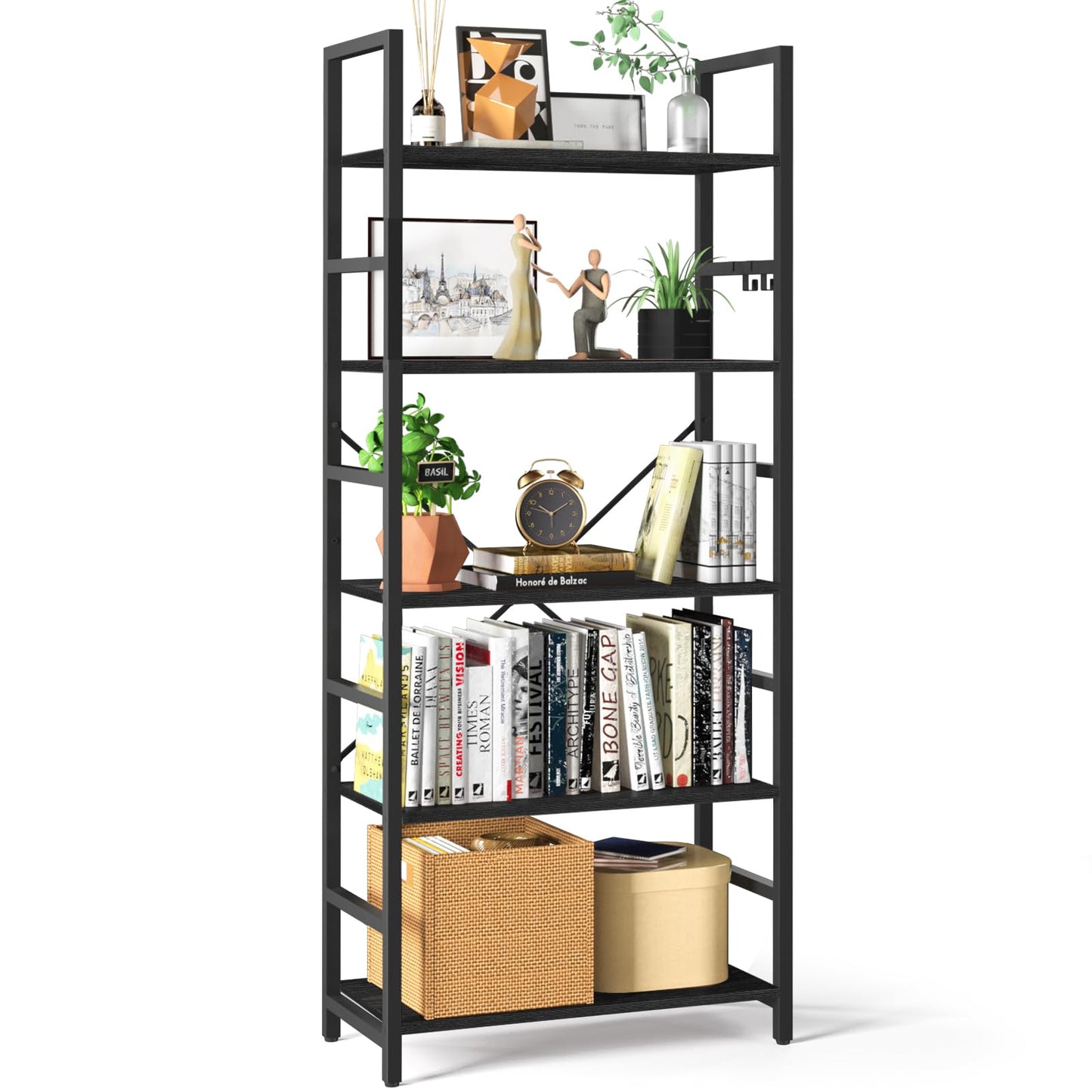 Yoobure 5 Tier Bookshelf - Tall Book Shelf Modern Bookcase for CDs/Movies/Books, Rustic Book Case Industrial Bookshelves Book Storage Organizer for Bedroom Home Office Living Room Black