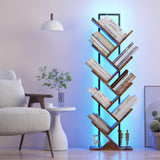 Qupui Tree Bookshelf with LED Lights, 9 Tier Floor Standing Bookcase, Classical Corner Bookshelf Kids Bookshelf, Tall Bookshelf, Wood Book Shelf for Bedroom, Living Room, Home Office, Brown Qupui