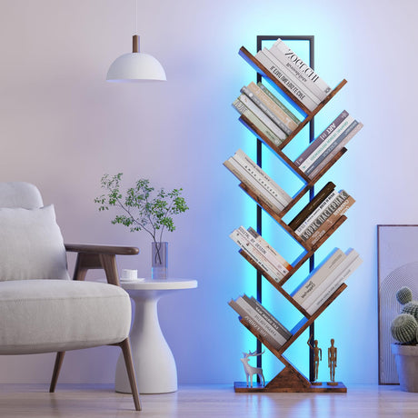 Qupui Tree Bookshelf with LED Lights, 9 Tier Floor Standing Bookcase, Classical Corner Bookshelf Kids Bookshelf, Tall Bookshelf, Wood Book Shelf for Bedroom, Living Room, Home Office, Brown Qupui