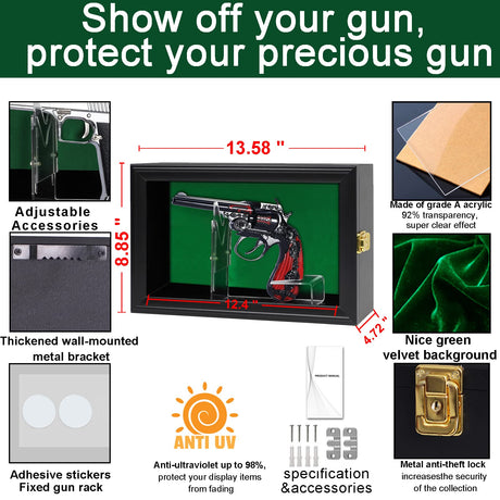 COMSREV Single Handgun Pistol Revolver Gun Display Case Wall Mount Lockable Black Felt Wood Cabinet w/ 98% UV Protection Acrylic Clear Door Gun Shadow Box Stand Rack Holder COMSREV
