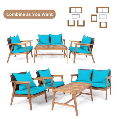 Tangkula 4-Piece Patio Furniture Set, Outdoor Acacia Wood Conversation Set with Cushions and Coffee Table, Outdoor PE Wicker Sectional Sofa Set for Garden, Poolside and Backyard (1, Turquoise - WoodArtSupply