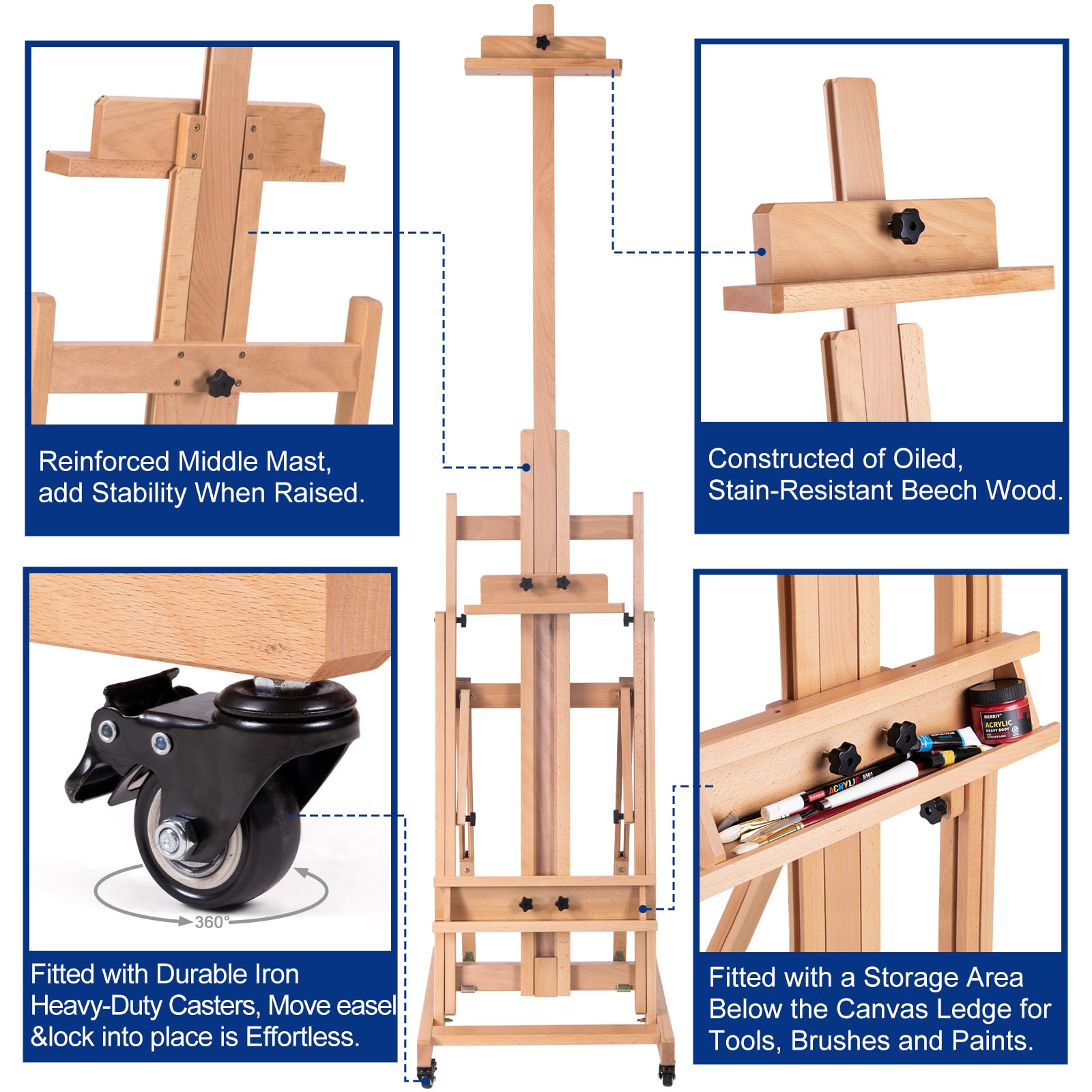 MERRIY Artist Extra- Large Multi-Function Studio Easel, H-Frame Art Easel, Tilts Flat, Solid Beech Wood Painting Easel Stand, Movable Floor Easel with Drawer & Silent Wheels, Holds 2 Canvas U - WoodArtSupply