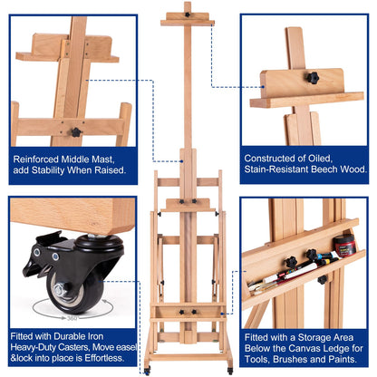 MERRIY Artist Extra- Large Multi-Function Studio Easel, H-Frame Art Easel, Tilts Flat, Solid Beech Wood Painting Easel Stand, Movable Floor Easel with Drawer & Silent Wheels, Holds 2 Canvas U - WoodArtSupply