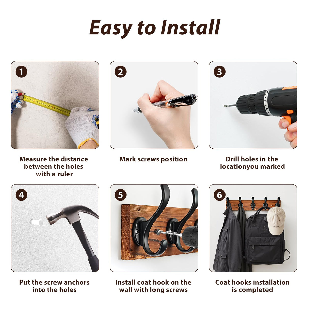 Hmsrjh Coat Rack Wall Mounted, Pre-Assembled 16" Wooden Hat Rack with 5 Hooks, Heavy Duty Rustic Farmhouse Wood Plank for Entryway, Bathroom - for Hanging Coats, Jackets, Hats, Bags, Backpacks Hmsrjh