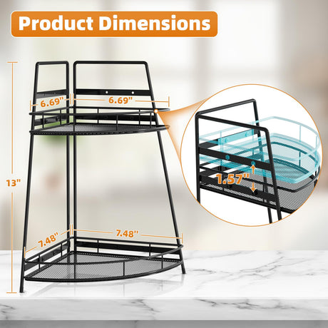 VITVITI 2 Tier Corner Bathroom Counter Organizer, Metal Bathroom Countertop Organizer Shelf Storage, Bath Room Sink Makeup Organizers for Vanity Perfume Skincare with Hooks, Black VITVITI