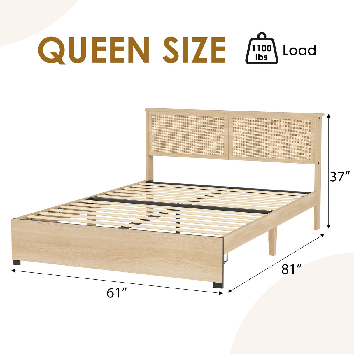 GarveeHome Queen Platform Bed Frame, Queen Size Bed Frame with Natural Rattan Headboard, Cane Bed Frame with 2 Storage Drawers and Strong Wood Slats Support, Noise Free, No Box Spring Needed GarveeHome