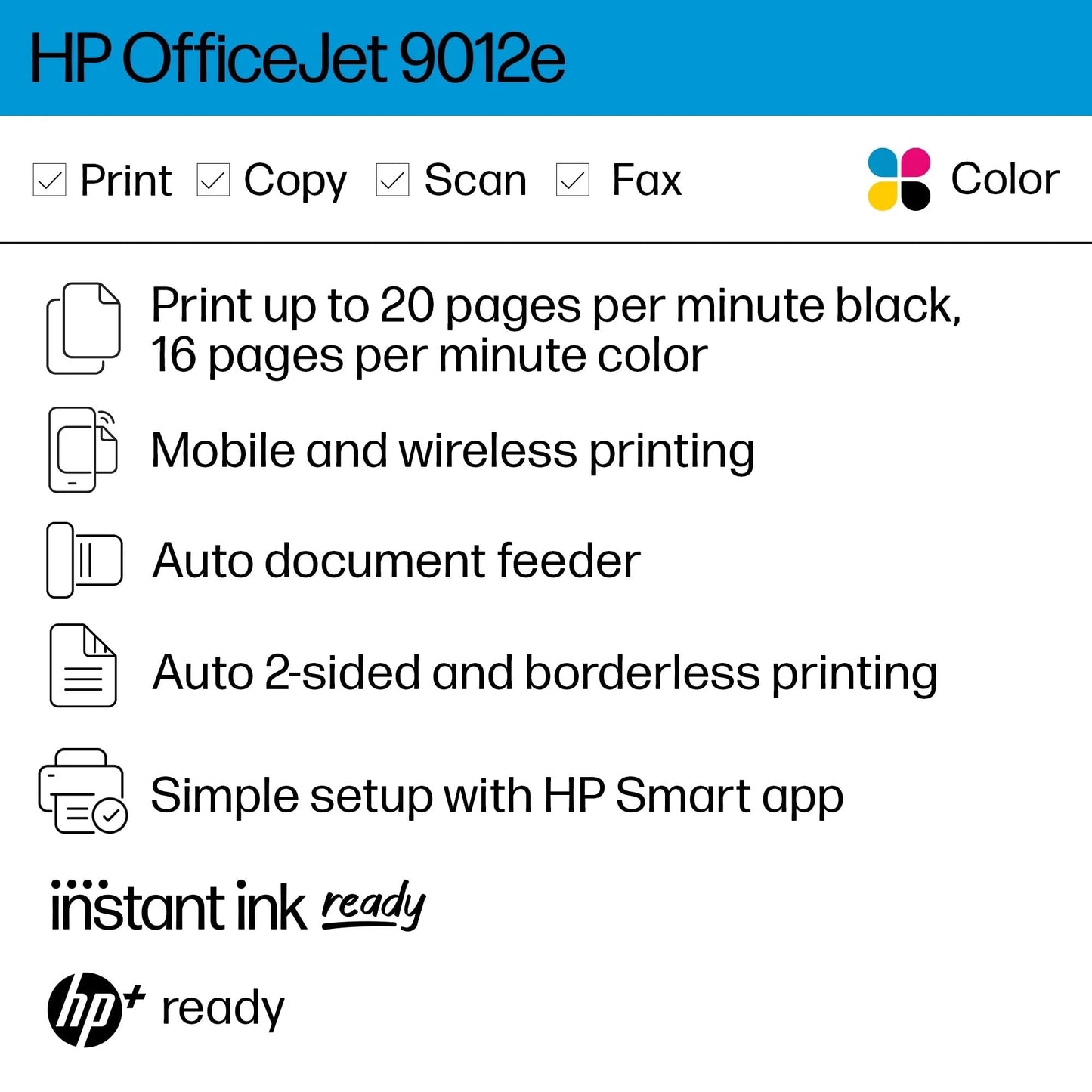 HP OfficeJet 9012e All-in-One Color Inkjet Wireless Printer Scanner Copier Fax with 6-month Instant Ink Mobile Computer Printers for Home Use Office Two-Sided Wifi Printing 1G5L4A (Renewed Premium)