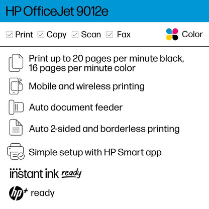 HP OfficeJet 9012e All-in-One Color Inkjet Wireless Printer Scanner Copier Fax with 6-month Instant Ink Mobile Computer Printers for Home Use Office Two-Sided Wifi Printing 1G5L4A (Renewed Premium)