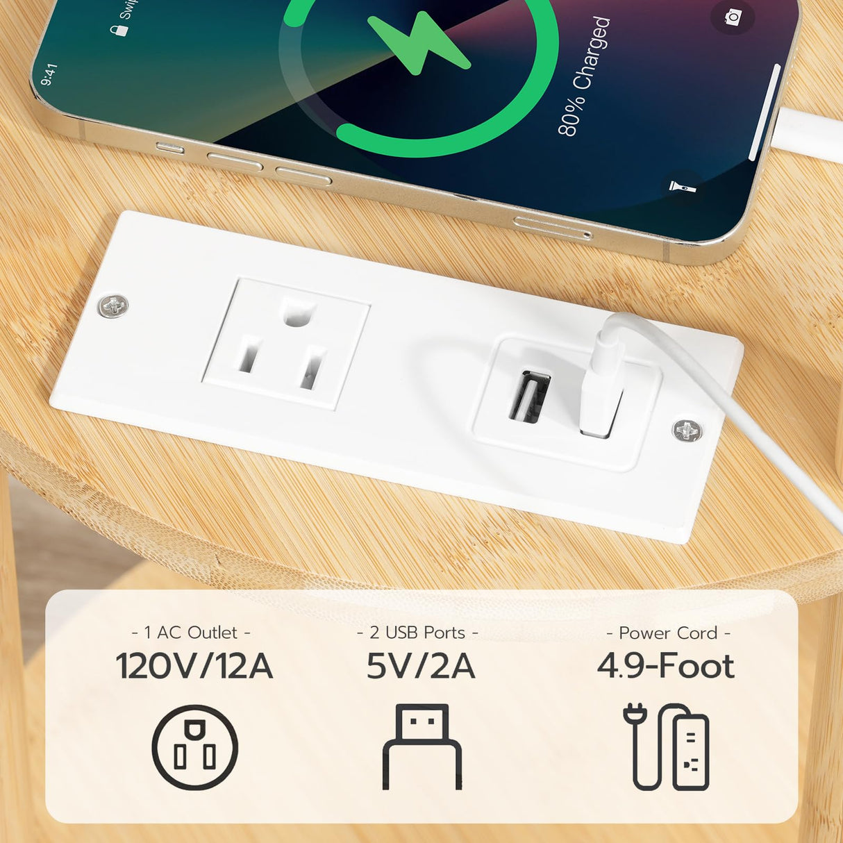 HOOBRO Small Round Side Table with Charging Station, 3-Tier Round Bamboo End Table, Compact Sofa Bedside Table for Small Space, Easy Assembly, for Living Room, Bedroom, Apartment, Natural YL152UBZ01 HOOBRO