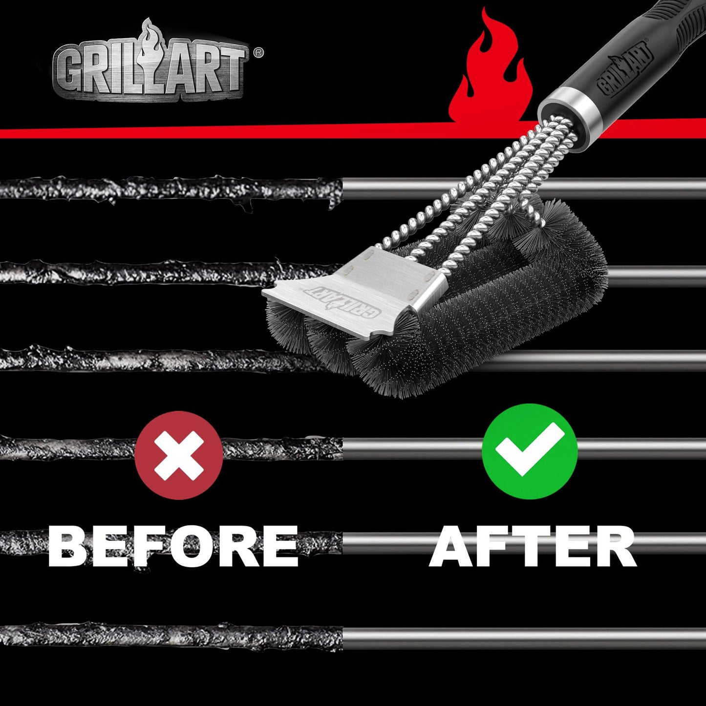 GRILLART Grill Brush and Scraper, Extra Strong BBQ Cleaner Accessories, Safe Wire Bristles Barbecue Triple Scrubbers Cleaning Brush for Gas/Charcoal Grilling Grates, Wizard Tool BR-8115