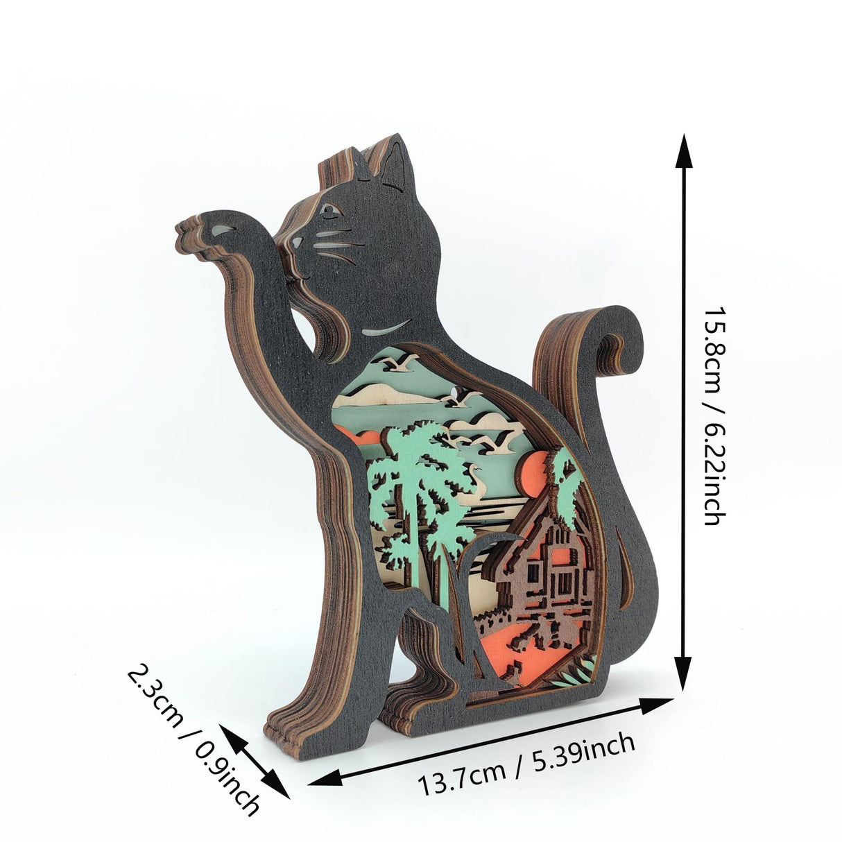 Drawelry 3D Wooden Carving Animals Lamp - Creative Fox Squirrel Wood Carved LED Night Light Garden Yard Wooden Animals Sculpture Ornaments Desktop Home Decor Birthday Gifts for Family Friend (Cat) Drawelry