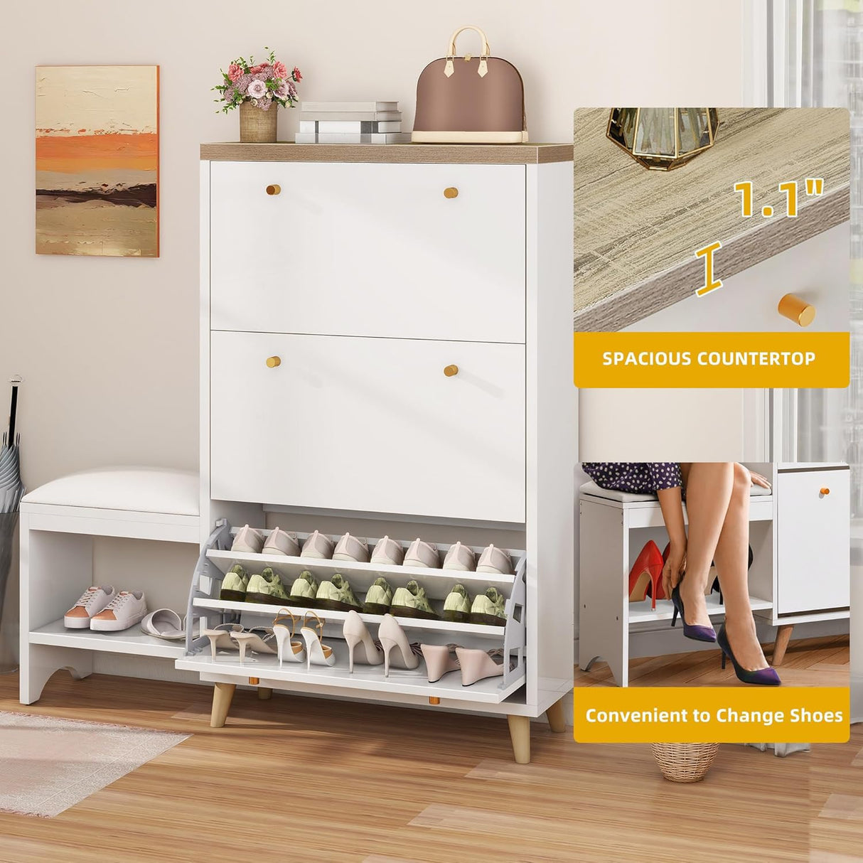 DWVO Shoe Cabinet with Bench for Entryway, Modern Shoe Storage Cabinet Shoe Bench, Narrow Hidden Shoe Organizer with 3 Flip Drawer, for Hallway, Closet, Living Room, White DWVO