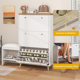 DWVO Shoe Cabinet with Bench for Entryway, Modern Shoe Storage Cabinet Shoe Bench, Narrow Hidden Shoe Organizer with 3 Flip Drawer, for Hallway, Closet, Living Room, White DWVO