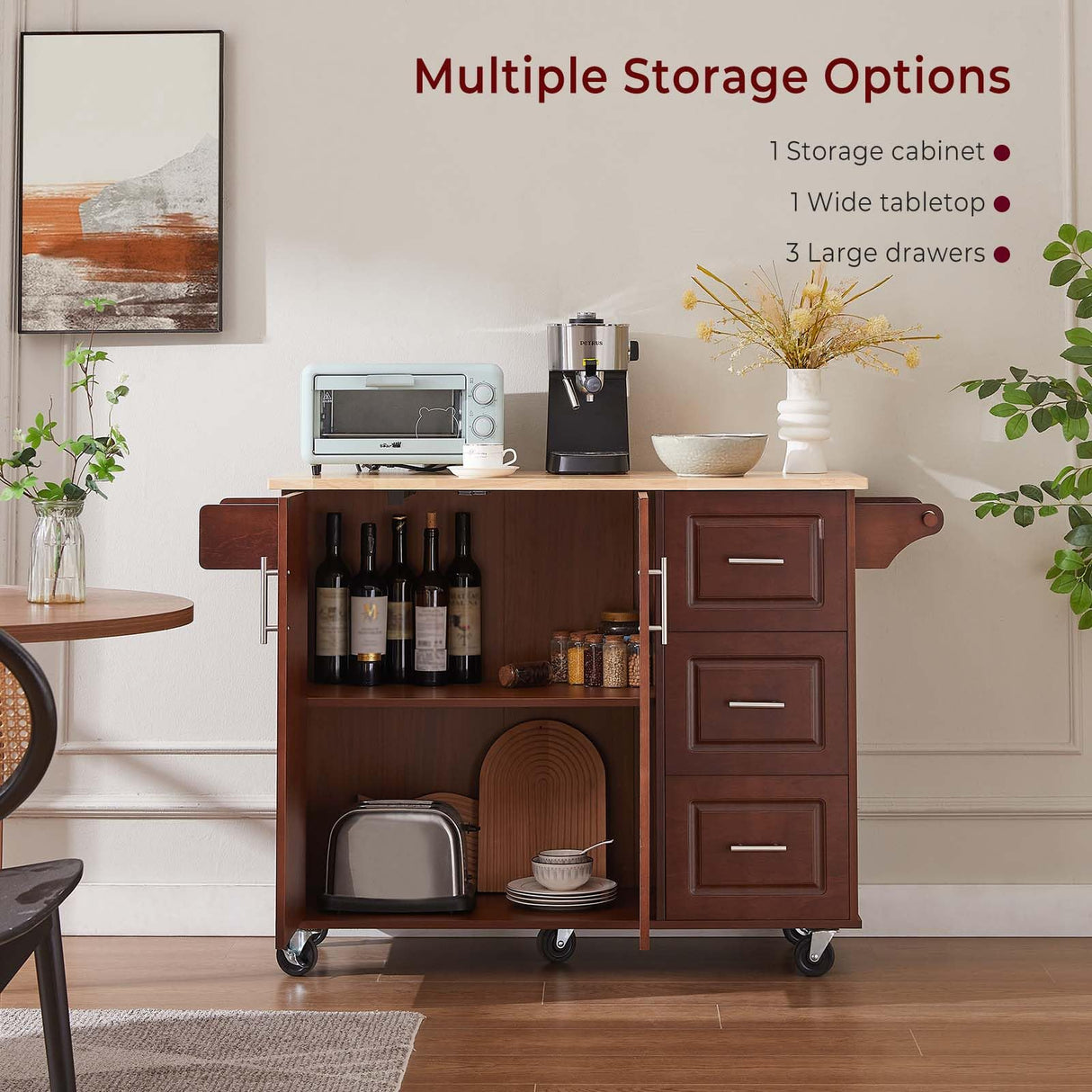 Lyromix Walnut 54" Rolling Kitchen Island Cart with Storage, Large Kitchen Cart with Folding Drop Leaf Breakfast Bar, Wood Island Table for Kitchen with 3 Drawers and Spice Rack & Towel Rack, Brown Lyromix