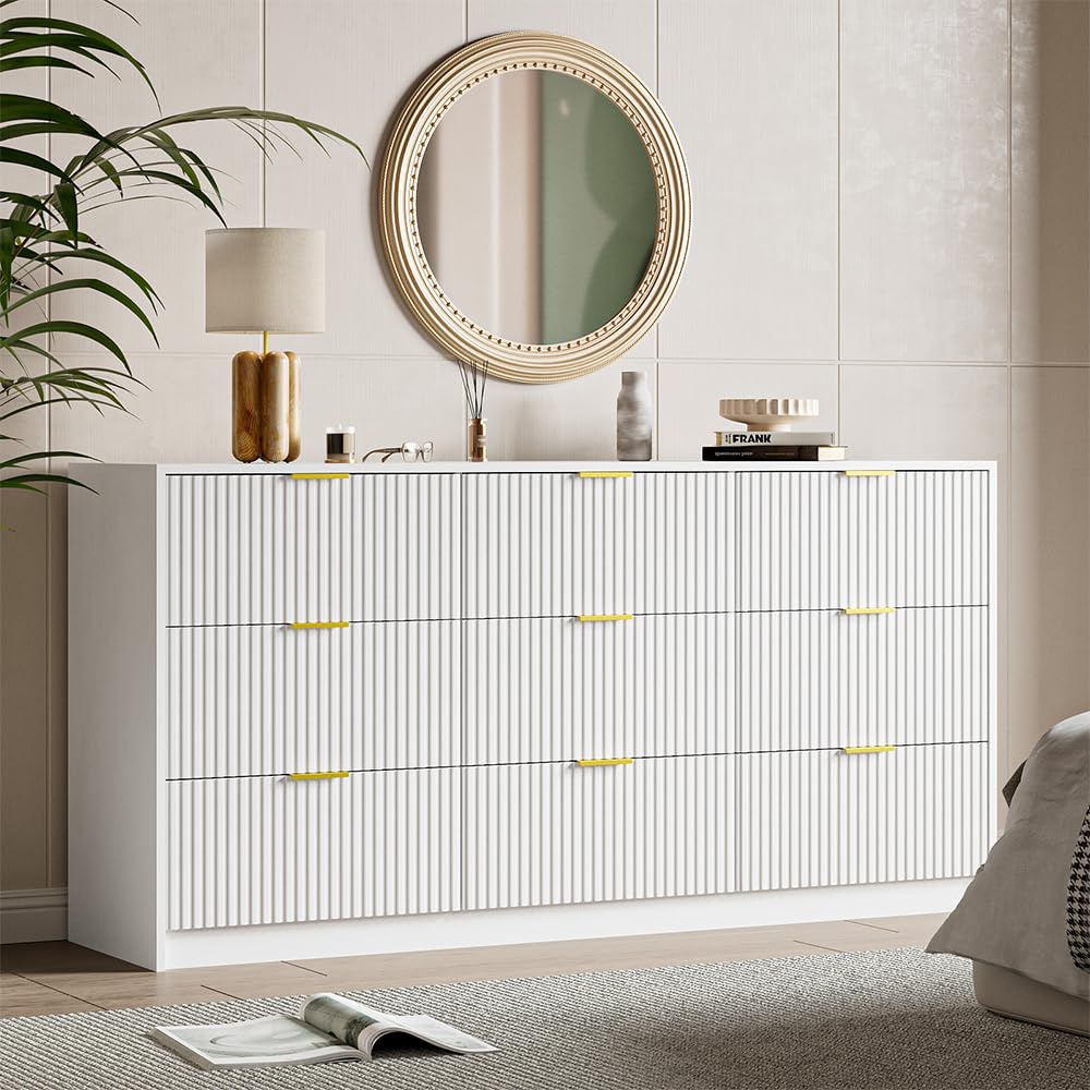 MAISONARIA White Dresser for Bedroom, 9 Drawer Double Dresser, Modern Chest of Drawers for Bedroom, Living Room, Entryway and Closet, 63" L x 15.7" D x 31.5" H MAISONARIA