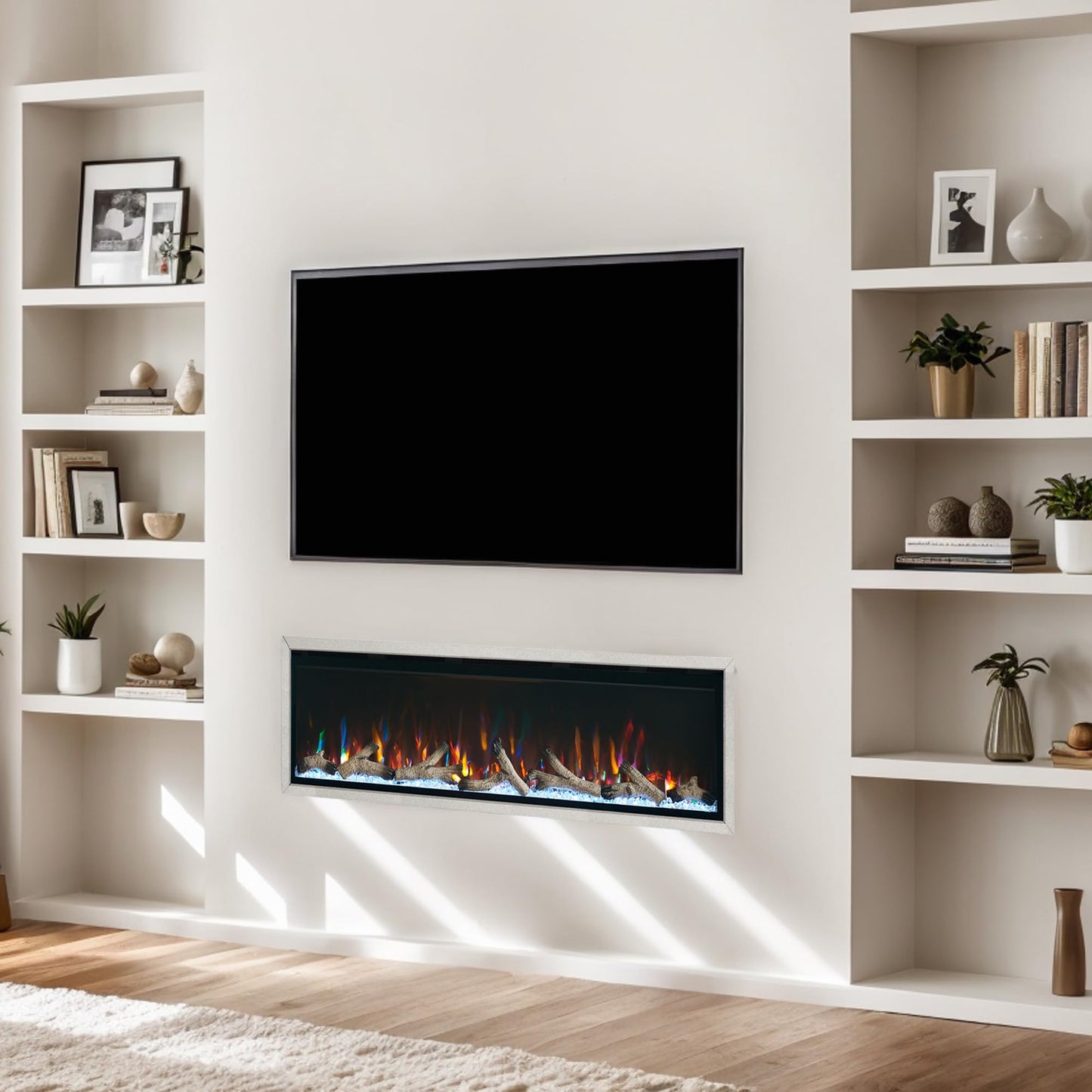 Unineo 60 Inch Electric Fireplace w/Aluminum Frame, Hidden Air Vents Design, Recessed and Wall Mounted Fireplace Heater w/Thermostat, 12×13×5 Realistic Flame, Visual Remote, Log and Crystal, Siliver