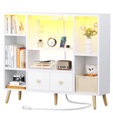 Furologee White Cube Shelf with 2 Drawers, 42inch Triple Wide Bookshelf with Power Outlets and LED Lights, 4-Tier Wood Bookcase Freestanding with Legs, Large 8 Cube Organizer for Bedroom, Living Room Furologee