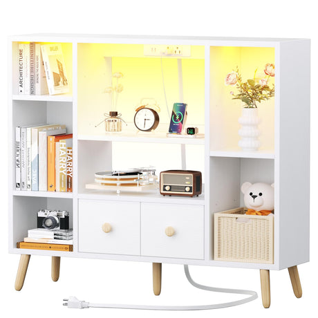 Furologee White Cube Shelf with 2 Drawers, 42inch Triple Wide Bookshelf with Power Outlets and LED Lights, 4-Tier Wood Bookcase Freestanding with Legs, Large 8 Cube Organizer for Bedroom, Living Room Furologee